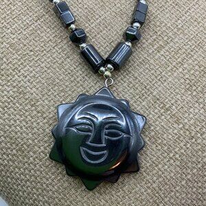 Hematite Etched Smiling Sun Celestial Pendant Statement Necklace